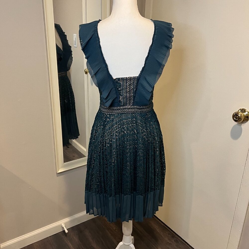 French Connection Teal Orabelle Lace Fit & Flare Ruffle Midi Dress, Size 6 - Picture 11 of 16
